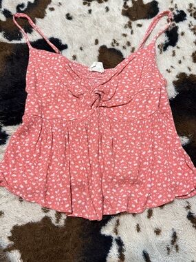 Peach Love California Coral Pink Ditsy Knot-Front Spaghetti Strap Camisole